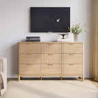 LINSY Fluted 9 Drawer Dresser for Bedroom, 58" Wide Mid-Century Modern Tall Chest of Drawers, Deep Storage Dresser with Curved Corner Design, Large Accent Wood Cabinet for Bedroom, Oak