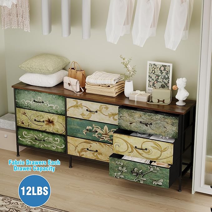 Tohomeor Dresser with Drawers for Bedroom Chest of Drawers Fabric Dresser for Closet,Nursery Entryway Hall Tree TV Stand for Living Room Retro Floral Pattern Drawers Wooden Top (Wide 9 Drawers)