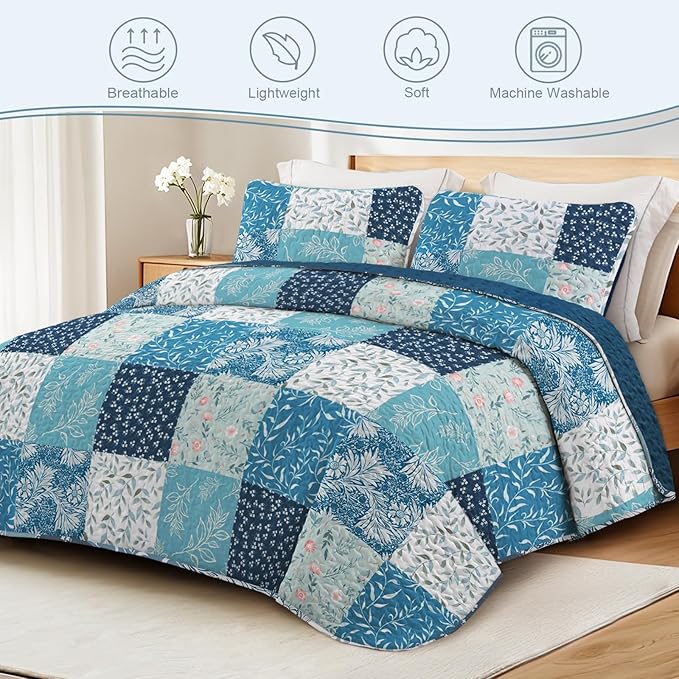 Exclusivo Mezcla Reversible Boho Quilts Queen Size, Navy Blue Bedspreads Lightweight Coverlet All Season Patchwork Quilt Bedding Set with Printed Floral Pattern (1 Quilt, 2 Pillow Shams)