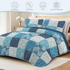Exclusivo Mezcla Reversible Boho Quilts King Size, Navy Blue Bedspreads Lightweight Coverlet All Season Patchwork Quilt Bedding Set with Printed Floral Pattern (1 Quilt, 2 Pillow Shams)