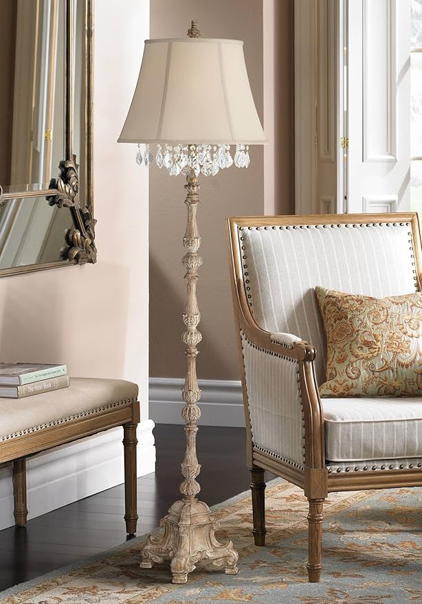 Barnes and Ivy Duval French Vintage Traditional Standing Floor Lamp 63.5" Tall Distressed Candlestick Crystal Glass Beading Cream Bell Shade Decor for Living Room Reading House Bedroom Home
