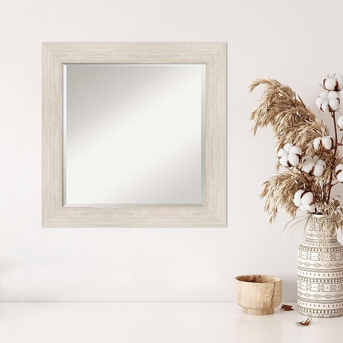 Amanti Art White Wall Mirror 25x25 Hardwood White Wash Square Bathroom Mirror for Wall Decor Living Room, Medium Country Rustic Wood Frame, Hangs Horizonally and Vertically, Bathroom Decor, Beveled