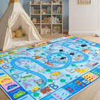 Educational Rug for Classroom, Play Rugs for Boys Girls Bedroom Kids Room, Non-Slip Washable ABC Learning Carpet for Playroom, Zoo Road Play Mat, 8x10 Blue