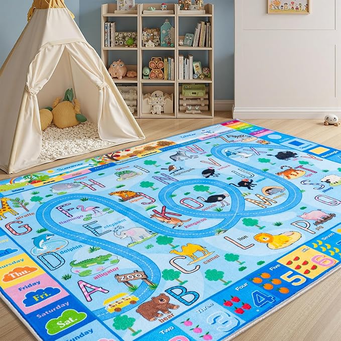 Kids Rugs for Bedroom Kids Room, Educational Rug for Classroom, Non-Slip Washable ABC Learning Carpet for Boys Girls, Zoo Road Play Mat, 6x9 Blue