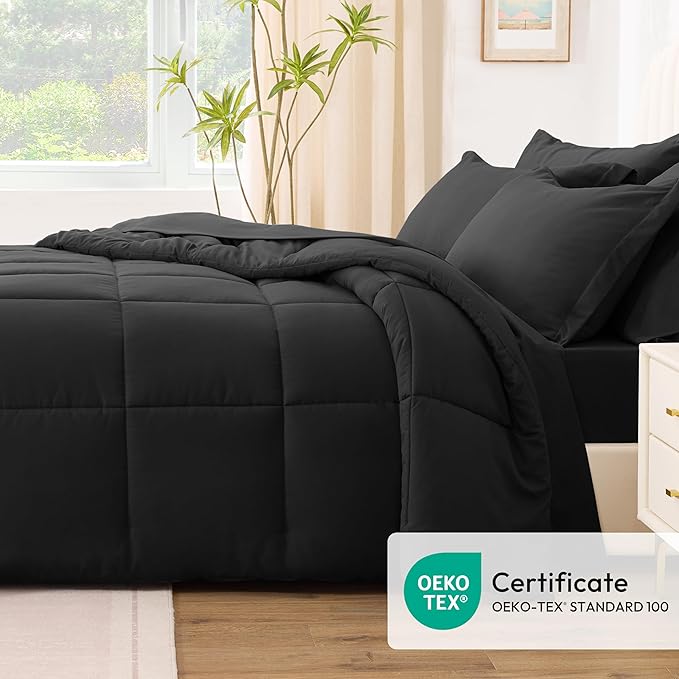 Love's cabin King Size Comforter Set Ash Black, 7 Pieces King Bed in a Bag, All Season Bedding Sets with 1 Comforter, 1 Flat Sheet, 1 Fitted Sheet, 2 Pillowcase and 2 Pillow Sham