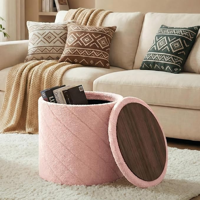 17" Foldable Boucle Round Storage Ottoman,Space-Saving Footrest/Seating/Coffee Table for Small Apartments,Dorms & Bedrooms-Pink