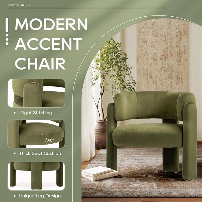 COLAMY Modern Accent Chair Set of 2, Velvet Accent Chairs, Upholstered Barrel Chairs with Solid Wood Legs, Comfy Side Chair for Living Room, Bedroom, Reading, Cozy Reading Chair,Green