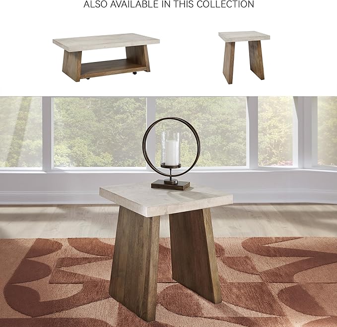 Signature Design by Ashley Brendalhouse Casual End Table with Faux Cement Top and Double Plinth Base, Solid Mango Wood, Melamine Laminate, Casually Cool Design, Light Brown & White