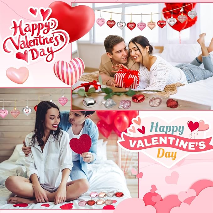 70Pcs Valentine's Day Heart Shaped Ornaments with Sweet Love Words, 10 Styles Valentine Ornaments for Tree, Red Pink Glitter Heart Shaped Valentine's Hanging Decorations for Wedding Anniversary