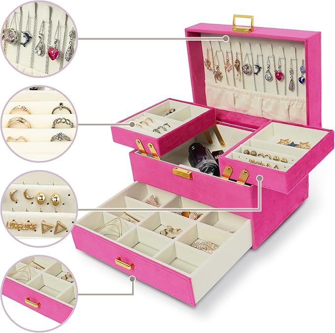 Dajasan Jewelry Organizer Box, Large Jewelry Boxes for Women Girls, Compact 3 Layers Jewelry Storage Case with Drawer, Gift Idea for Christmas, Valentine's Day, Birthday, Mother's Day (Red)