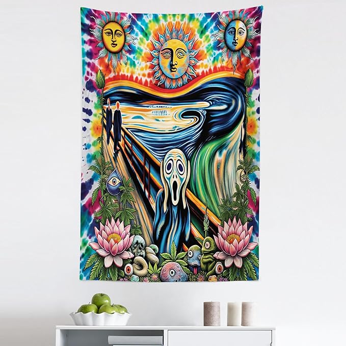 Ambesonne Trippy Tapestry, Tie Dye Effect Esoteric Sun Moon Psychedelic the Scream Interpretation with Flowers, Fabric Wall Hanging Decor for Bedroom Living Room Dorm, 30" X 45", Multicolor