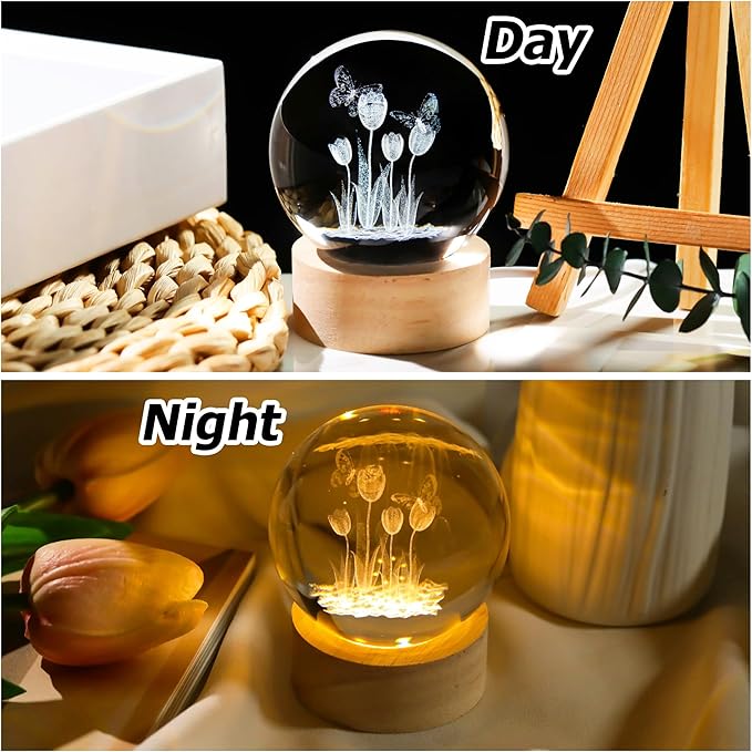 Enjinkail 3D Butterfly Tulips Crystal Ball with Wooden Light Base Glass Tulip Figurine Gift for Women Decor Tulips Statue Gifts for Mother's Day Birthday Valentine Christmas (Diameter 2.36 inches)