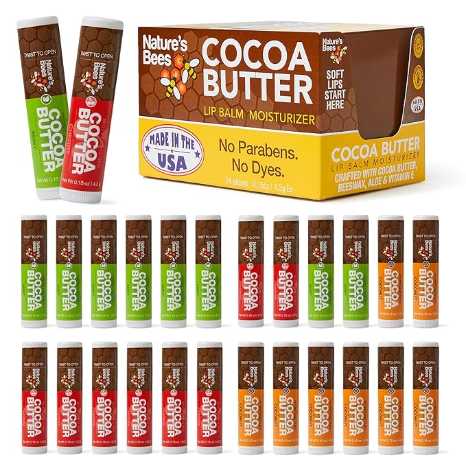 Nature's Bees Cocoa Butter Lip Balm, Lip Care for Dry Lips, Coconut Oil, Beeswax, Vitamin E, Aloe, & Shea Butter, 0.15 oz Each, 3 Flavors Coconut, Cherry, and Mint, 24 Pack - Packaging May Vary