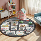 3.3ft Round Kids City Road Car Play Rug - Non-Slip Faux Wool Carpet with Interactive City Map Design, Educational Toy Vehicle Mat for Kids, Bedroom Playroom Nursery Gift.