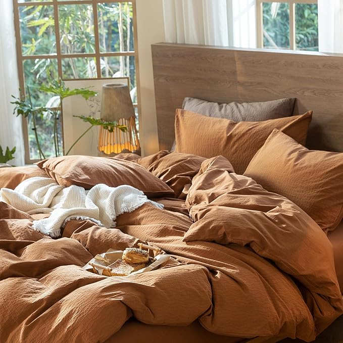 MooMee Wavy Striped Duvet Cover Set 100% Washed Cotton Linen Like Textured Breathable Durable Soft Comfy (Dark Orange, Palatial King/Oversized King 120"x98")