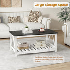 Farmhouse Coffee Table, Black and White Coffee Table for Living Room, 2-Tier Rectangular Wooden Centre Cocktail Table with Slats Shelf Storage and V-Shaped Frame Modern Coffee Tables Oak Black