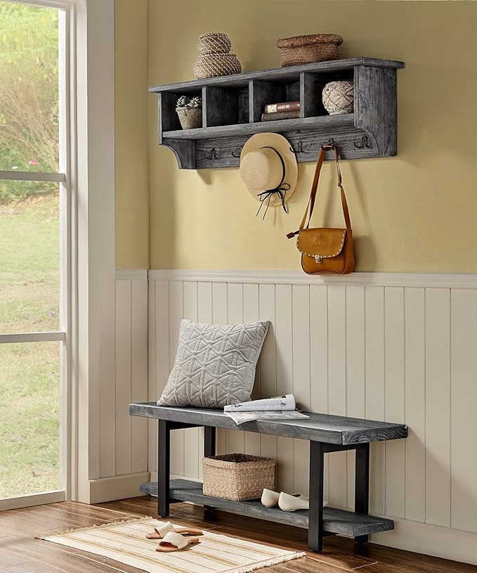 Pomona 2-Tier Entryway Bench with Storage Shelf – Solid Pine Wood Seat with Black Metal Frame – Rustic Industrial Shoe Bench for Hallway, Dining, or Living Room by Alaterre Furniture (Slate Gray)