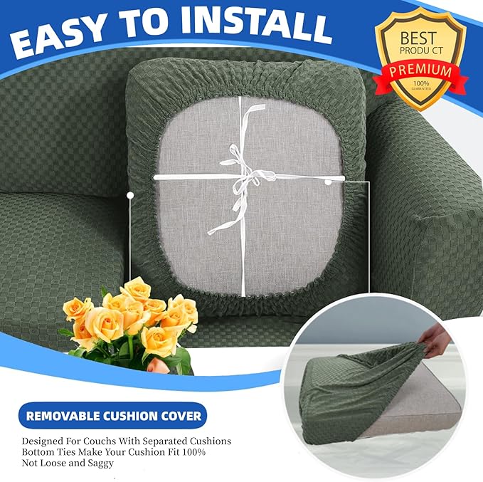 YEMYHOM Stretch Individual Cushion Covers Sofa Chair Seat Cushion Slipcovers Soft Couch Cover Replacement Large Checkered Furniture Protector with Elastic Bottom (1 Pc Cushion Cover, Army Green)