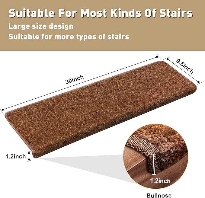 PURE ERA Bullnose Carpet Stair Treads Set Tape Free Non-Slip Indoor Stair Protectors Pet Friendly Rugs Covers Soft Skid Resistant Washable Reusable 9.5" x 30"(2 Pieces,Brown)