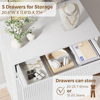 Modern 5 Drawer Dresser, 43" Tall Dressers for Bedroom, Fluted Dresser with Hidden Handle Design, Wood Mid Century Vertical Dresser Natural Texture for Bedroom, White Dresser