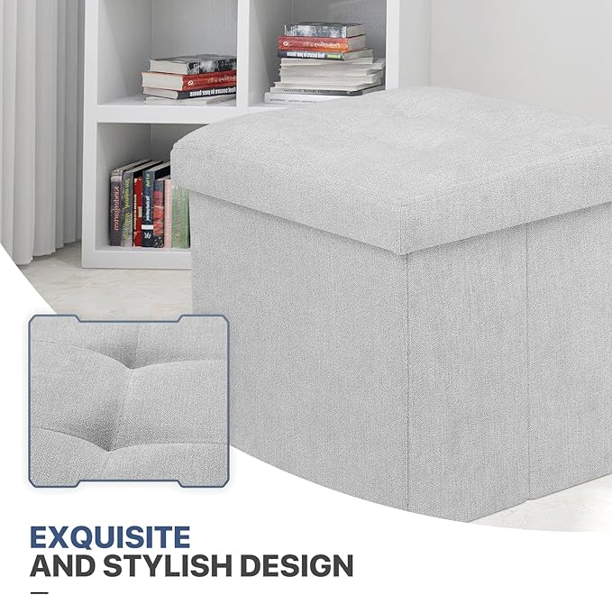 MoNiBloom 15 Inches Storage Ottoman Cube, Folding Square Foot Rest Stool, Small Ottoman Footrest with Storage for Living Room, Bedroom, Entryway, Light Gray
