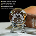 HDCRYSTALGIFTS 60mm 3D Laser Engraved Heart Hands Crystal Ball Paperweight Love Finger Valentines Figurines Gift for Women, Glass Decorative Ball Sphere for Shelf Living Room