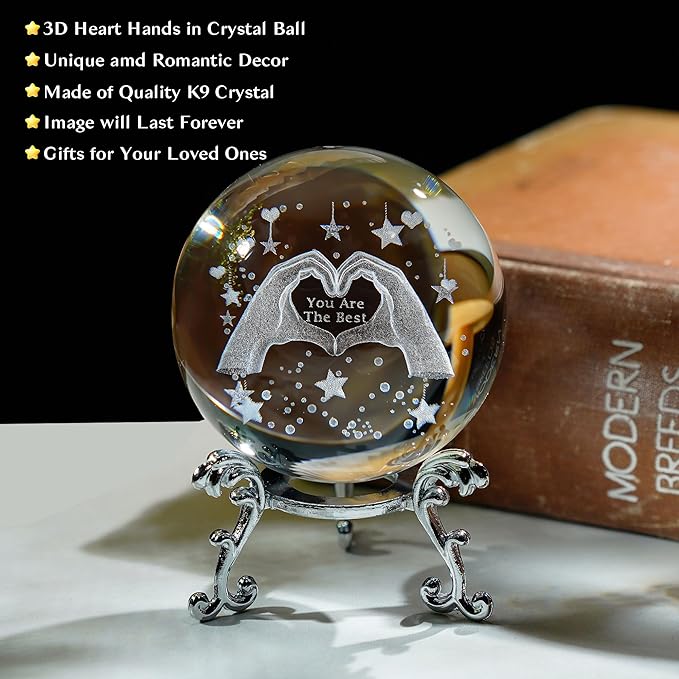 HDCRYSTALGIFTS 60mm 3D Laser Engraved Heart Hands Crystal Ball Paperweight Love Finger Valentines Figurines Gift for Women, Glass Decorative Ball Sphere for Shelf Living Room