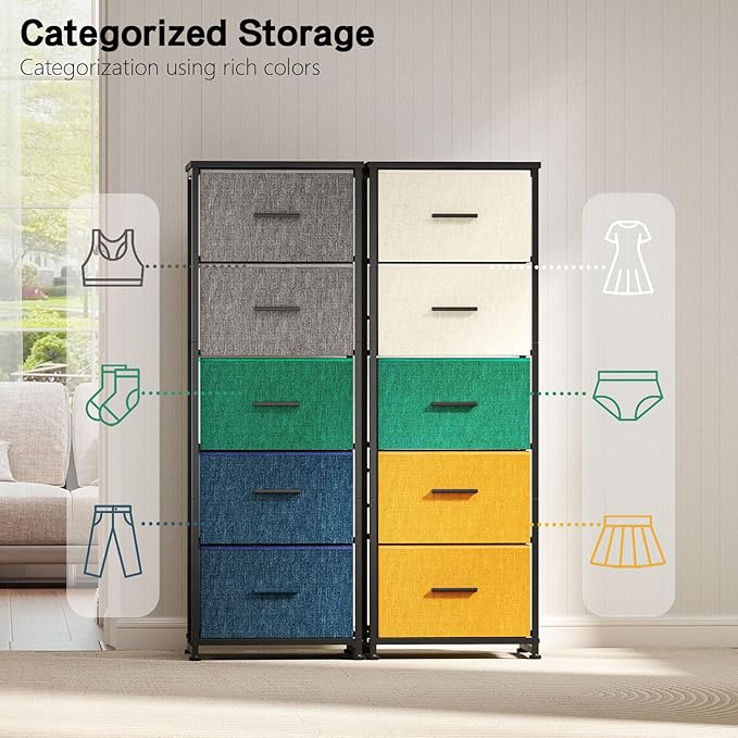 Dresser with 5-Drawer, Tall Fabric Storage Tower for Closet, Colorful Organizer Unit for Bedroom, Categorized Storage by Colors, Easy Pull Fabric Bins (Colourful)
