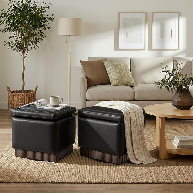 Swivel Storage Ottoman with Hidden Compartment, Square Faux Leather Footstool, Solid Acacia Wood Frame, 500 lbs Capacity, No Assembly Required, for Living Room & Bedroom