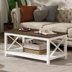 ChooChoo Coffee Table, Rustic Farmhouse Table with Shelf for Living Room, Vintage Finish White