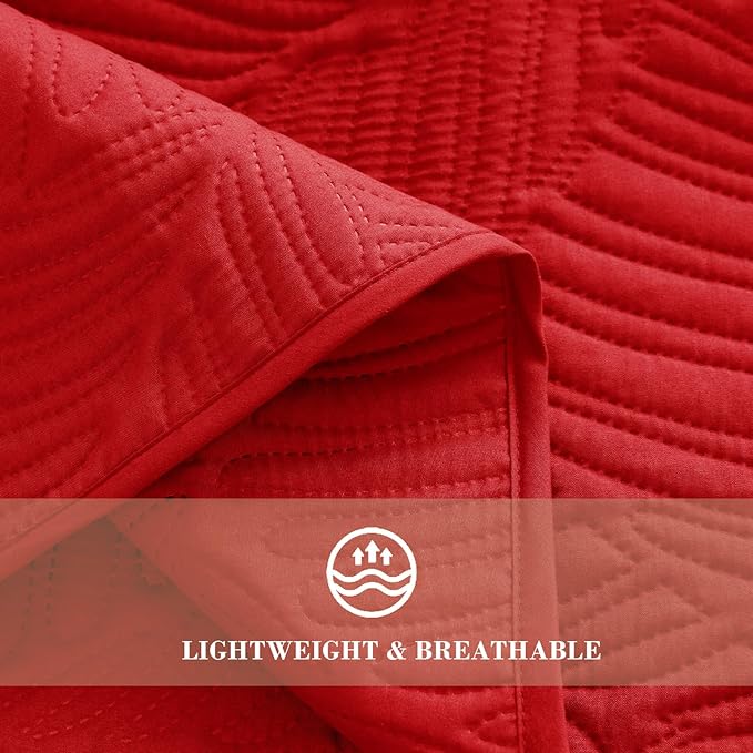 Exclusivo Mezcla California King Quilt Bedding Set, Lightweight Red Quilts Cal Oversized King Size for All Seasons, Soft Microfiber Bedspreads Coverlets with Leaf Pattern, 3 Piece