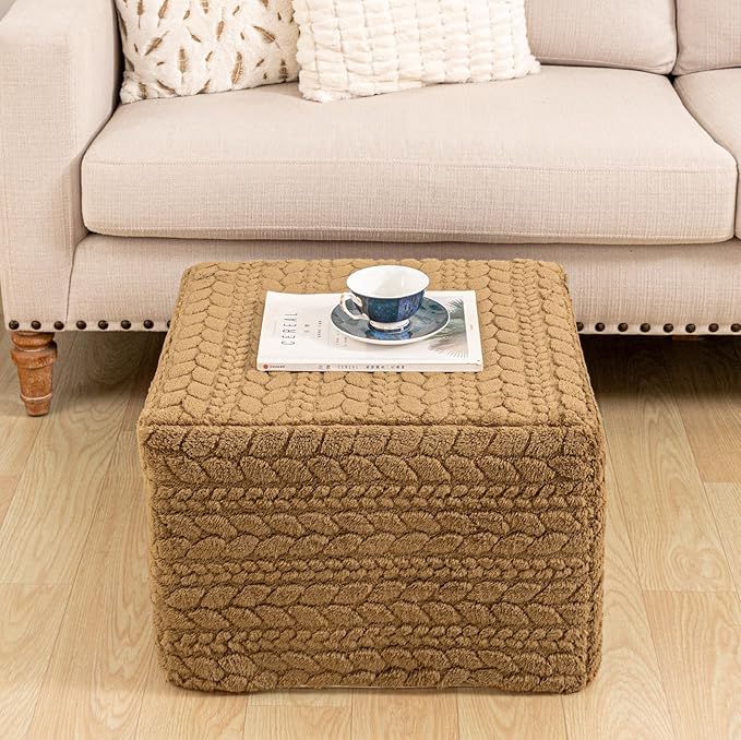 20x20x14 Inches Fluffy Square Pouf Ottoman - Plush Furry Ottoman Foot Rest Stool with High-Density Foam, Versatile Floor Seating for Living Room (Coffee)