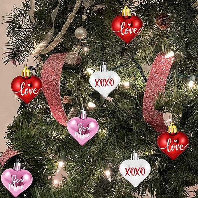 Valentines Tree Decorations, 24 Pcs Heart Ornaments for Christmas Tree, Mini Day Small Conversation Ornaments, Red Pink White Plastic