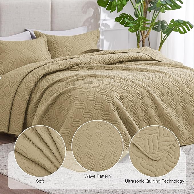 Love's cabin Quilts for Full Bed Camel Bedspreads Bedding Set - Lightweight Bedspread Comforter - Wave Pattern Bedding Coverlet for All Season - 3 Pieces (1 Quilt, 2 Pillow Shams)