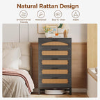 Mericonia 5 Drawer Rattan Dresser for Bedroom, Wood Tall Dresser for Closet with Metal Handles, Boho Nightstand Sets, Dressers & Chests of Drawers for Bedroom, Hallway and Entryway, Black