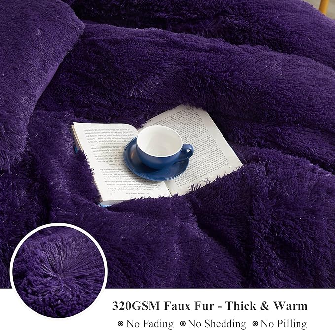 XeGe Plush Shaggy Duvet Cover Set, Luxury Ultra Soft Crystal Velvet Fluffy Furry Bedding Sets 3 Pieces(1 Faux Fur Fuzzy Comforter Cover + 2 Faux Fur Throw Pillow Shams), Zipper Closure (King, Purple)
