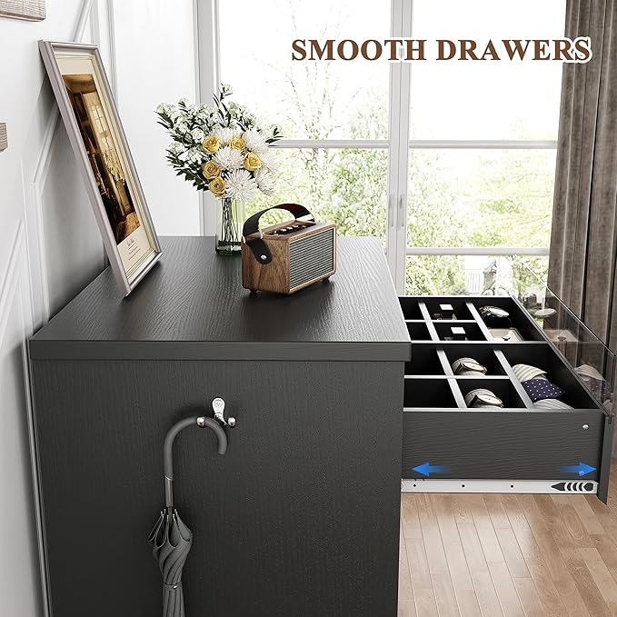 Larger Black 5 Drawer Dresser for Bedroom with LED Light, Modern Chest of Drawers with Hidden Handles, Tall Wooden Dresser Closet for Living Room, Entryway, Hallway - Black