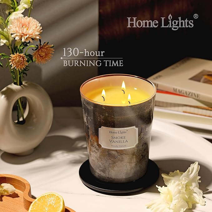 HomeLights Scented Candles | Large Jar 34 Oz Natural Soy Candle | 130 hrs Long-Lasting with 3 Wicks | Industrial Chic Home Decor | Gifts for Mom & Women, Smoke Vanilla