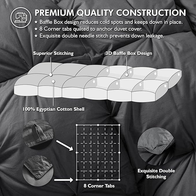 Luxurious All-Season Goose Down Feather Fiber Comforter Queen Size Duvet Insert, Exquisite Pinch Pleat Ruffled Twisted Flower, Premium Baffle Box, 100% Egyptian Cotton Cover, 60 oz. Fill Weight, Gray