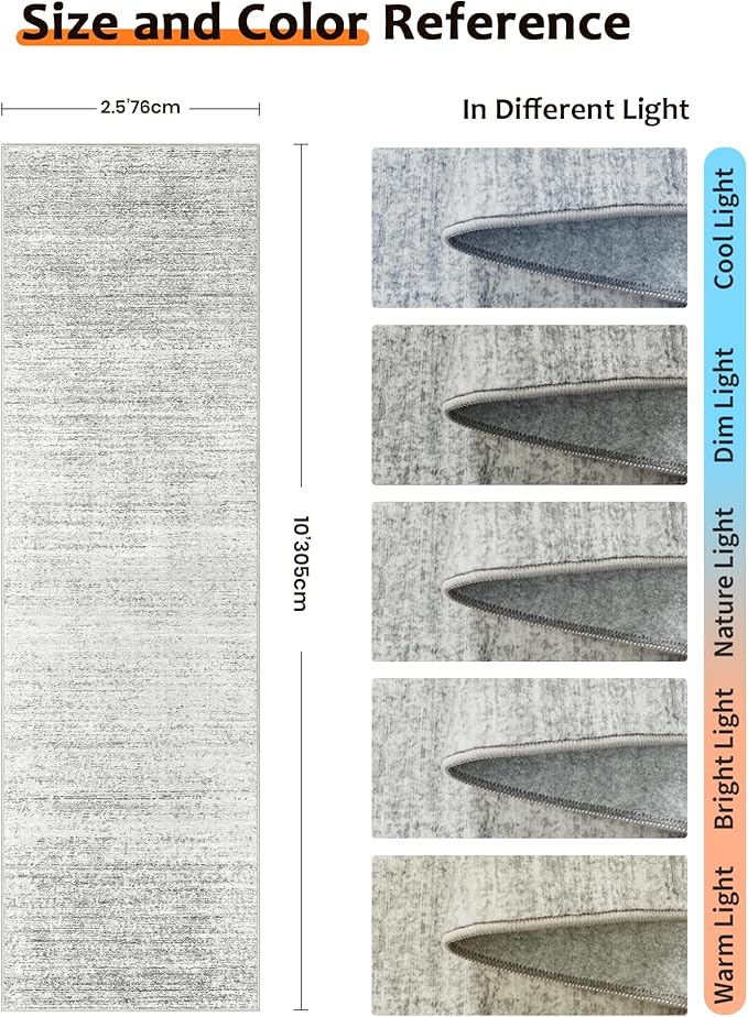 Art&Tuft Non-Slip Runner Rug - 2.5x10 Runner Rug Washable Low-Pile Rugs Runners, Soft Distressed Carpet Runner for Bedroom Bathroom Kitchen Laundry Living Room, Grey