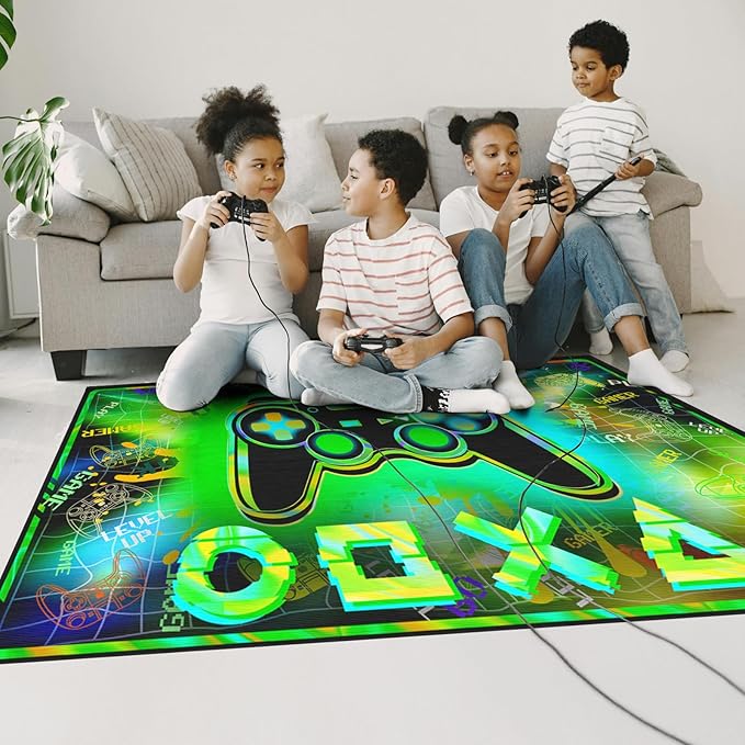 3'x5' Gaming Rug for Boys Room - Colorful 3D Printed Gamer Rug Gaming Decor for Boys Bedroom Green Gaming Area Rug Gaming Room Floor Mat Video Game Area Carpet for Kids Room & Dorm