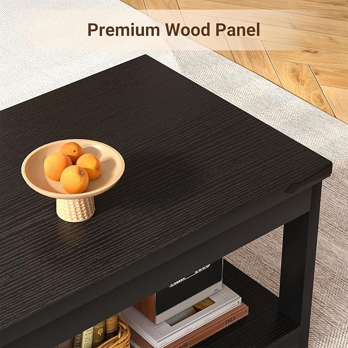 Homieasy Coffee Table with Storage Shelf, 43.3” Farmhouse Wood Coffee Tables for Living Room, Modern Center Tea Table, Black