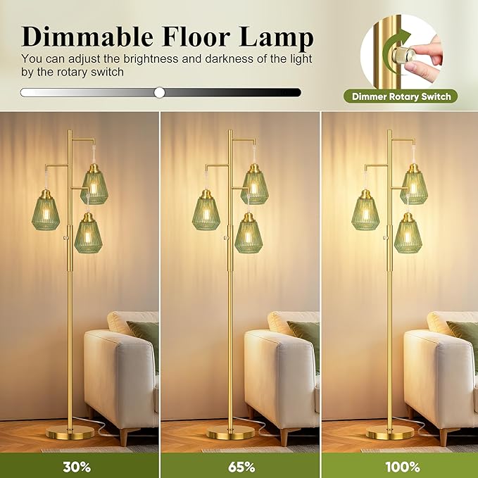 QiMH Glass Floor Lamps for Living Room, Tree Standing Lamp with Stepless Dimmable, 68" Modern Tall Lamps for Bedroom Home Office, Rotary Switch, 3 LED Bulb Included, Brushed Gold