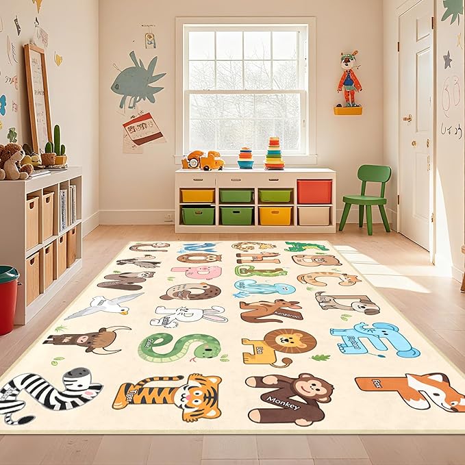 Kids Rugs for Playroom - 5x7 Feet Alphabet Rug for Classroom Educational Learning Animals, Preschool Rug Toddler Children Bedroom Nursery Kindergarten Decor, Beige