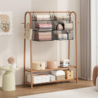 SWTYMIKI Hanging Closet Organizer Storage - 3 Tier Metal Stackable Hanging Closet Shelves with Dividers and S Hooks, Foldable Clothes Shelves for Clothes, Pants, Shoes, Coat, Hats Clutches Accessories