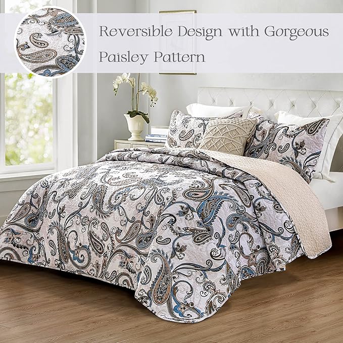 Whale Flotilla Reversible Printed Quilt King Size, Extra Soft Boho Paisley Floral Bedspreads for Bed Lightweight King Quilt Bedding Set Coverlets with 2 Pillow Shams for All Seasons, Bone Grey