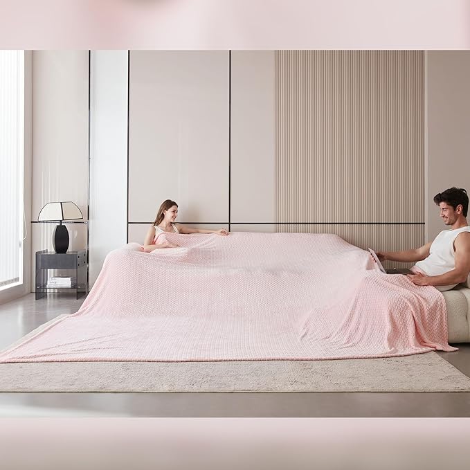 Oversized King Fleece Blanket 120x120 Inches, Seamless Soft Cozy 3D Jacquard Flannel Blanket 10'x10' Extra Large for Bed, Sofa, Couch, Travel & Camping, California King Throw, Pink Leaf