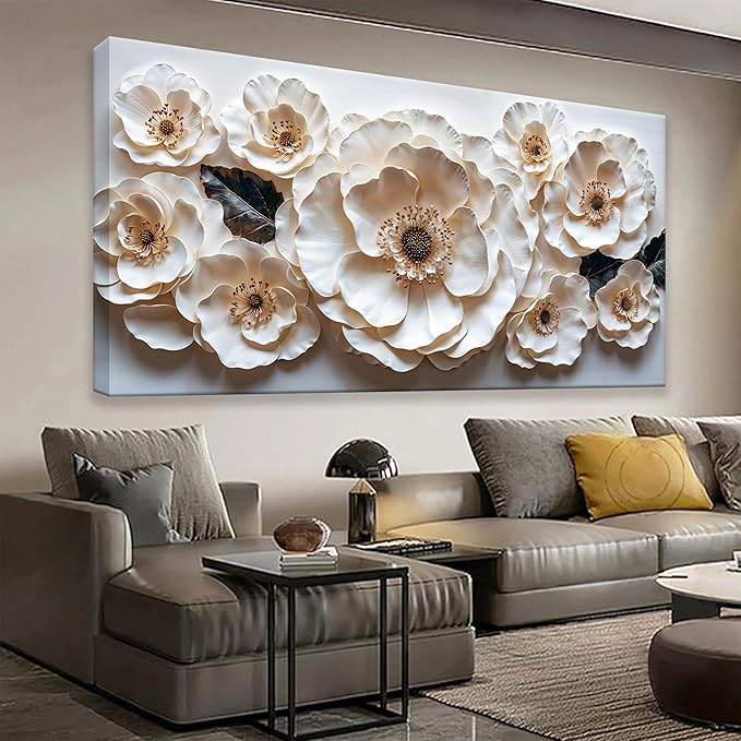 Large Wall Art For Living Room Floral White Wall Art Modern Canvas Art Wall Decor 29" X 58" Painting White Flower Wall Art Print Picture For Bedroom Home Office Decoration