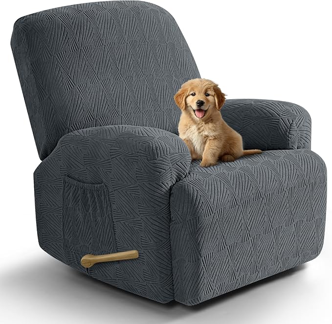 VANSOFY Recliner Chair Covers, 4-Pieces Stretch Recliner Cover Jacquard Soft Reclining Chair Slipcover Furniture Protector with Elastic Bottom for Lazy Boy Recliner(Dark Gray)