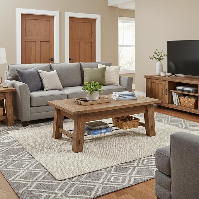 Durango 48-Inch Solid Wood Coffee Table with Storage Shelf Metal Accent – Industrial Farmhouse Living Room Table in Rustic Natural Finish by Alaterre Furniture